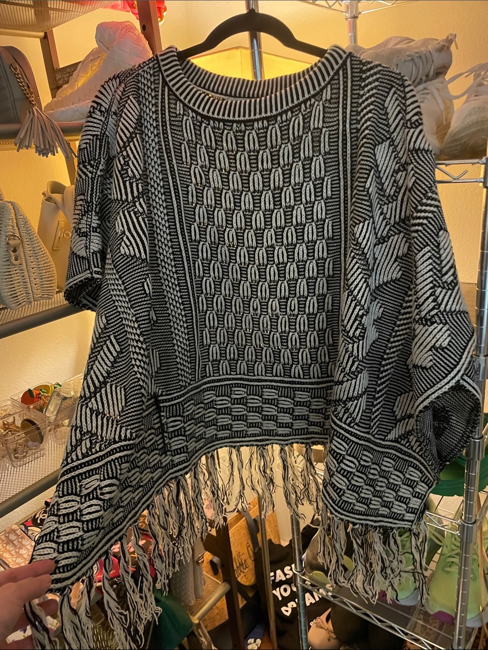 LIKE NEW Black and White Fringe Knit Poncho Sweater